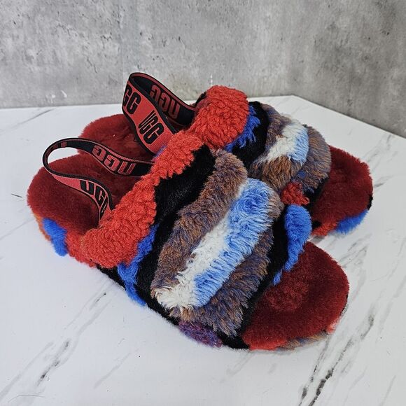 UGG Australia Womens 7 Fluff Yeah Plush Slide‎ Sandal Red Cali Collage Sandals - Picture 2 of 13